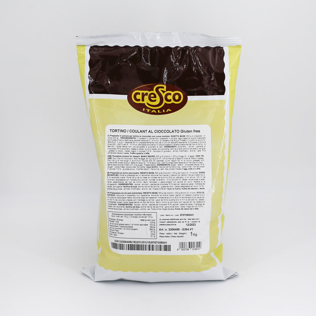 Preparato in polvere per tortino al cioccolato con cuore morbido gluten free.