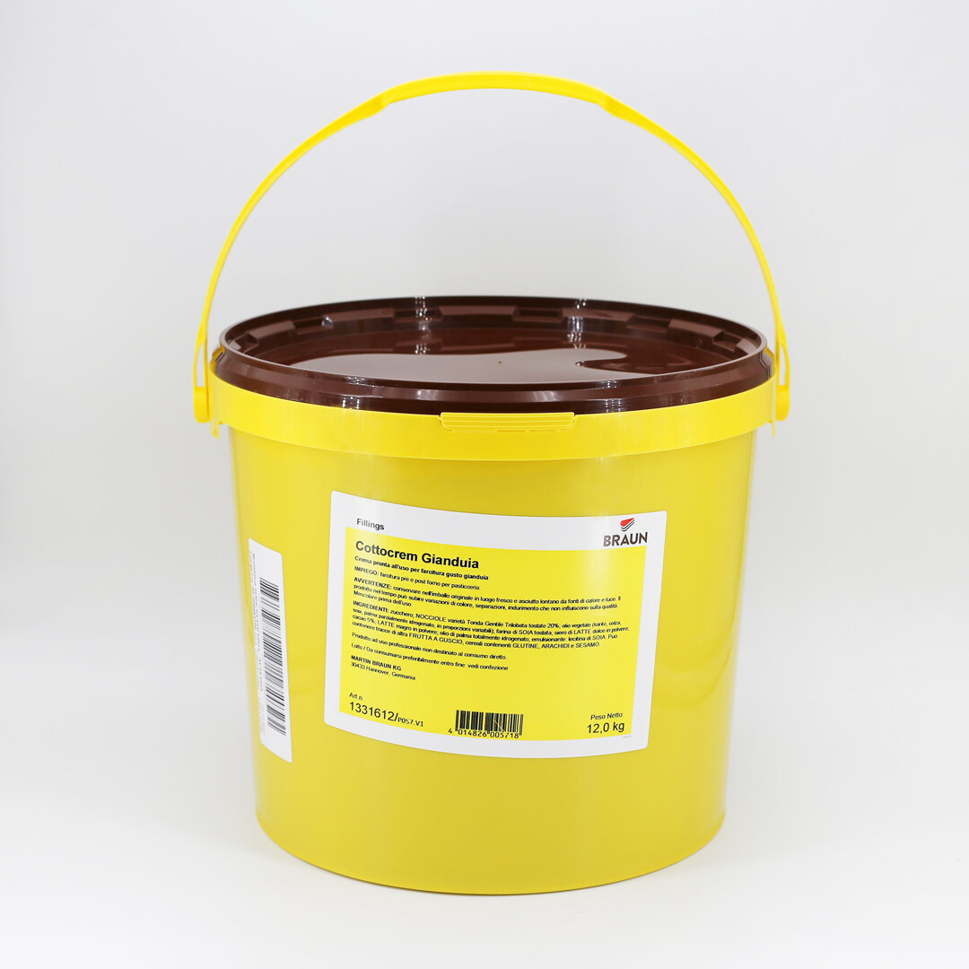 Crema pronta all’uso per farcitura gusto gianduia con il 20% di nocciole Tonda Gentile Trilobata, resistente alla cottura e congelazione